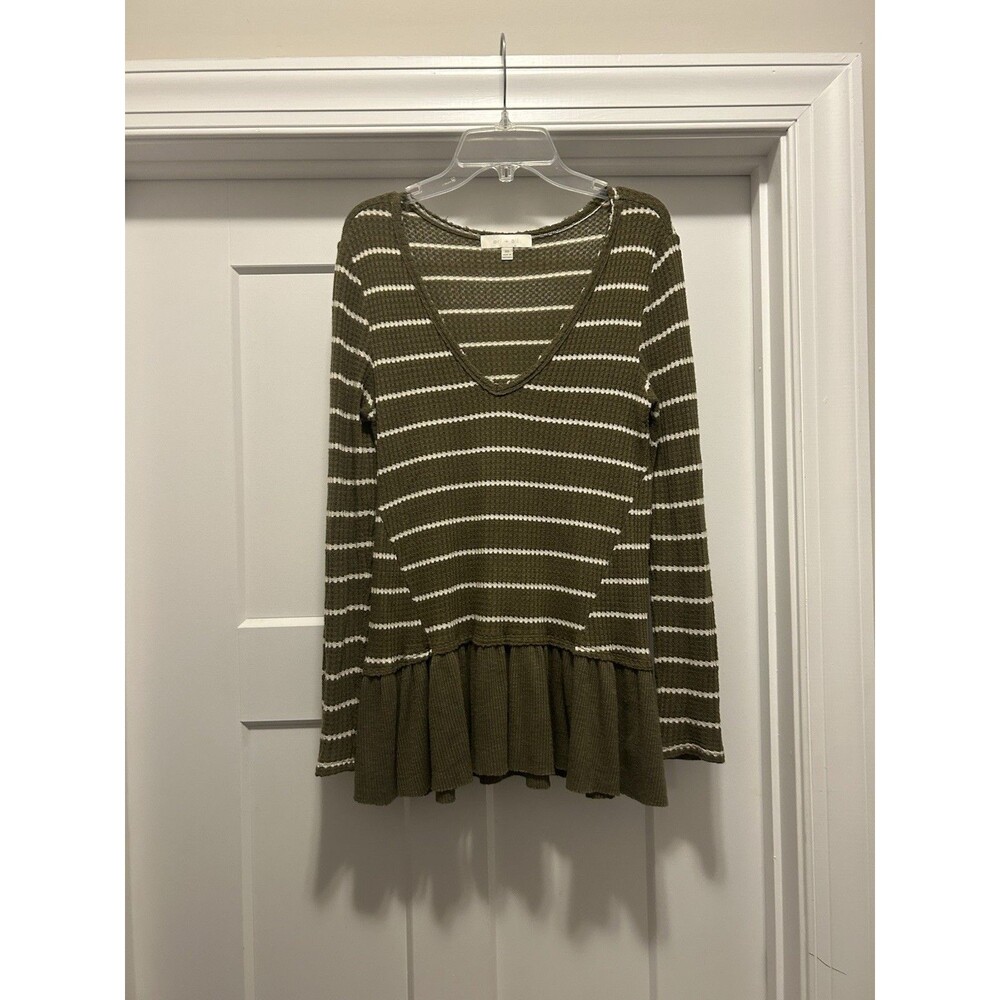 Anthropologie Eri + Ali Small Tallie Peplum Stripe Top Tee Thermal Olive Green